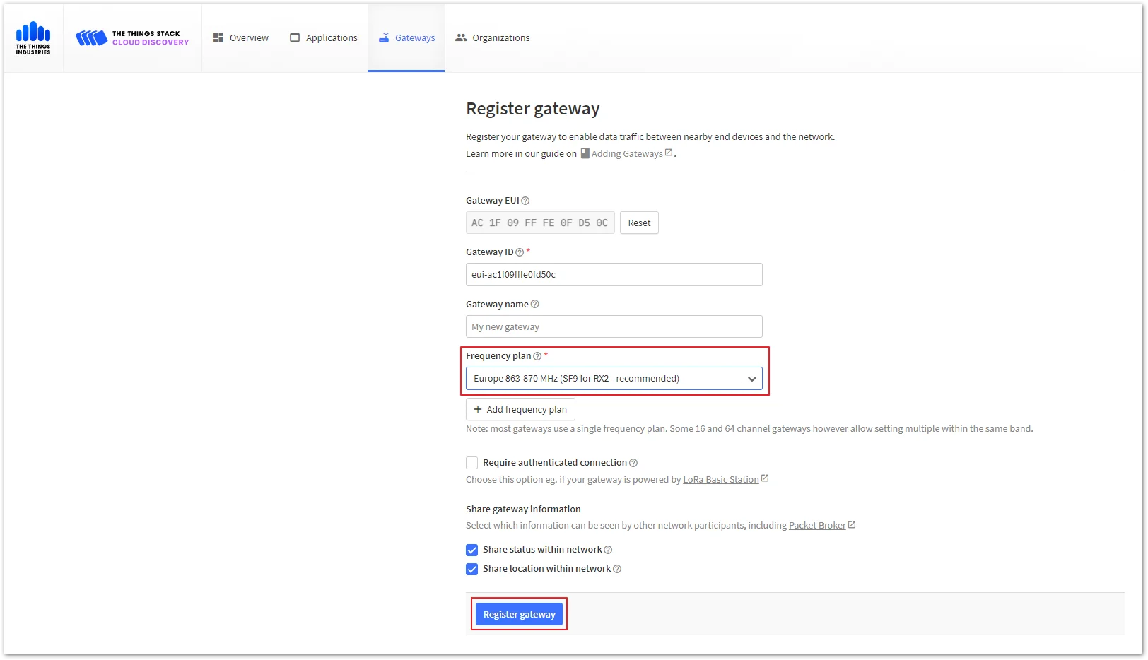 Configure the gateway frequency