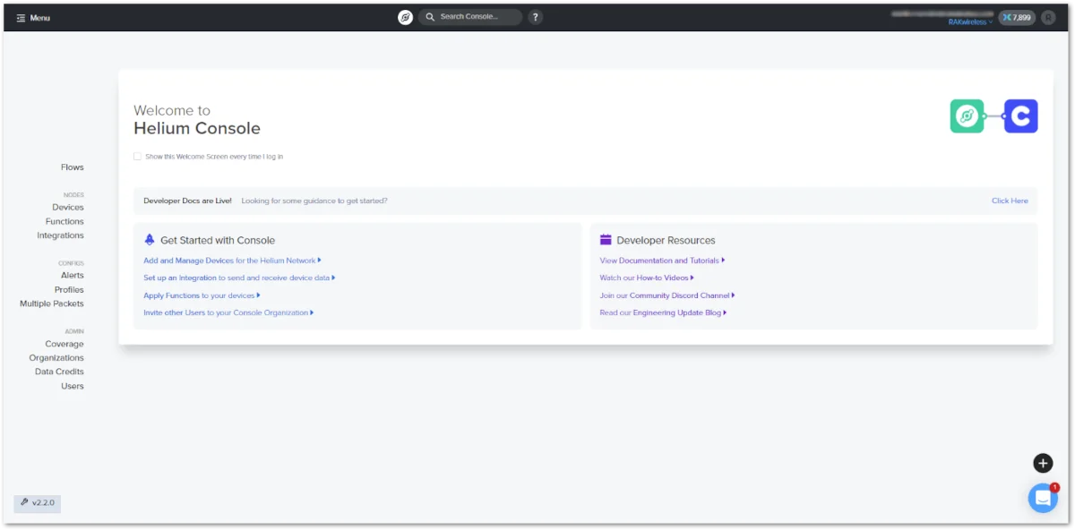 Helium console main page