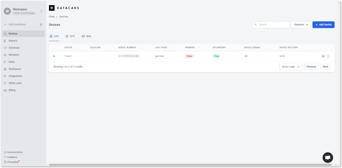 Registered TrackIt device in Datacake