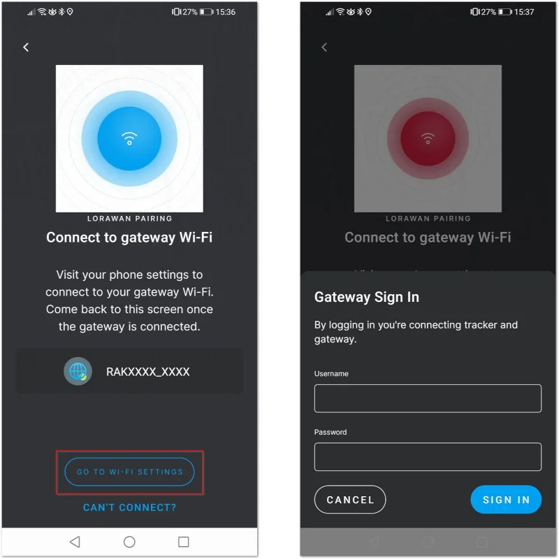Connect to the gateway's Wi-Fi screen