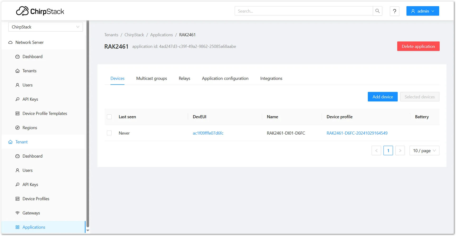 Added device in the ChirpStack