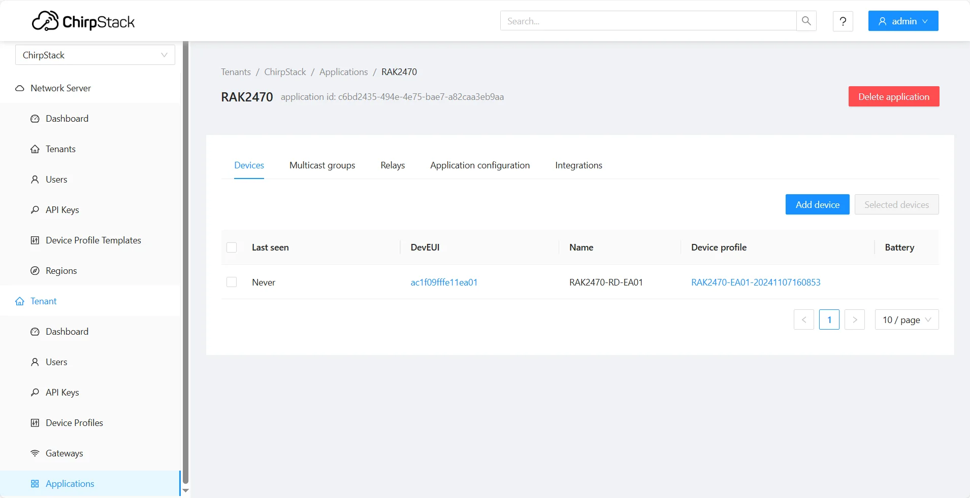 Added device in the ChirpStack