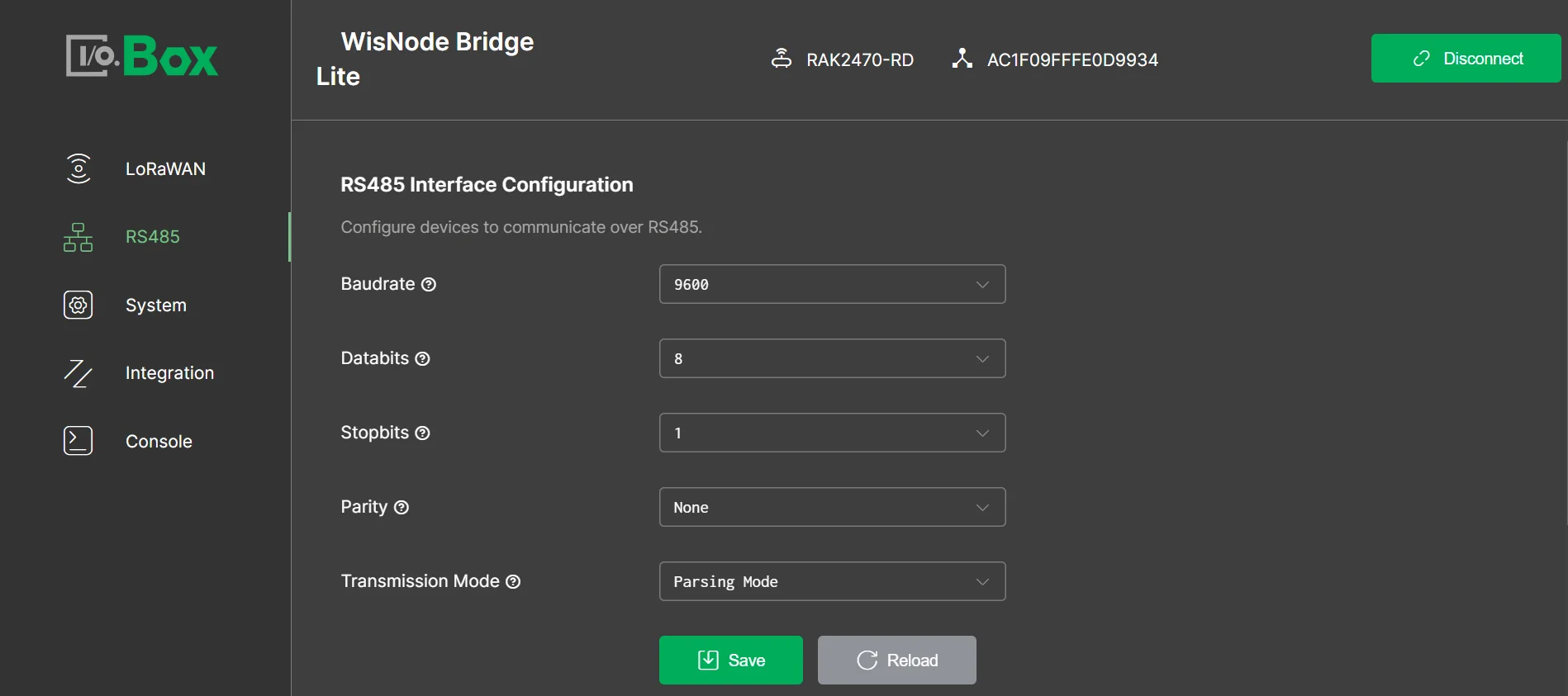 RS485 interface configuration