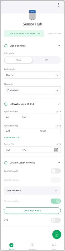 LoRa and LoRaWAN parameters screen