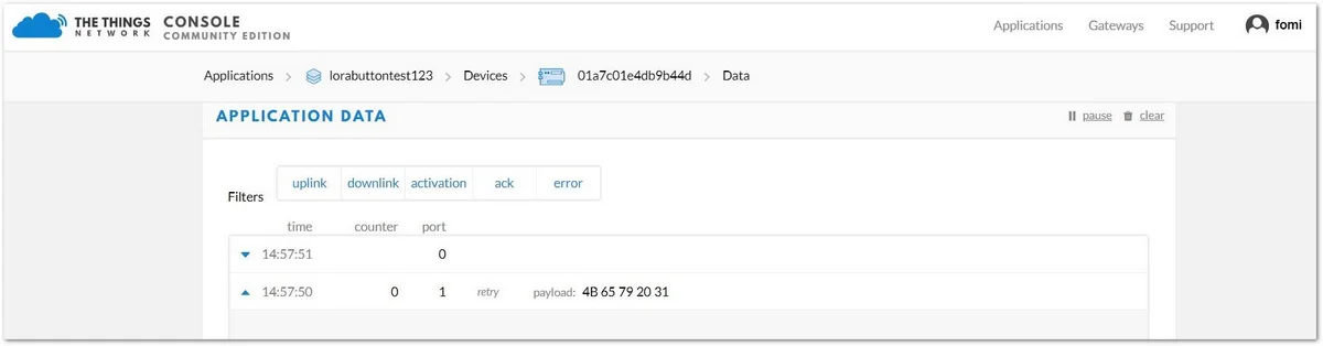 OTAA Test Sample Data Sent Viewed in The Things Network