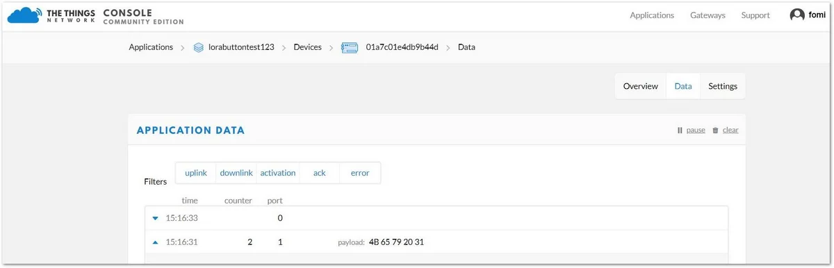 ABP Test Sample Data Sent Viewed in The Things Network