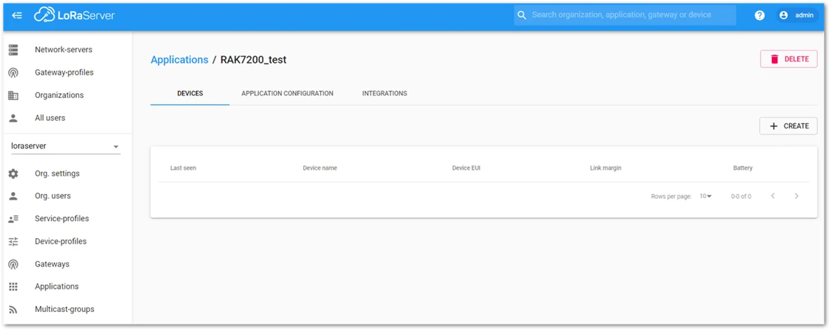 Device Tab of an Application