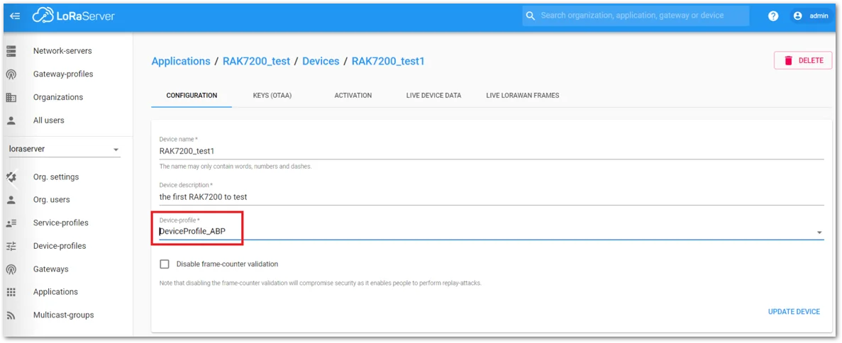 ChirpStack Console, Configuring a Device