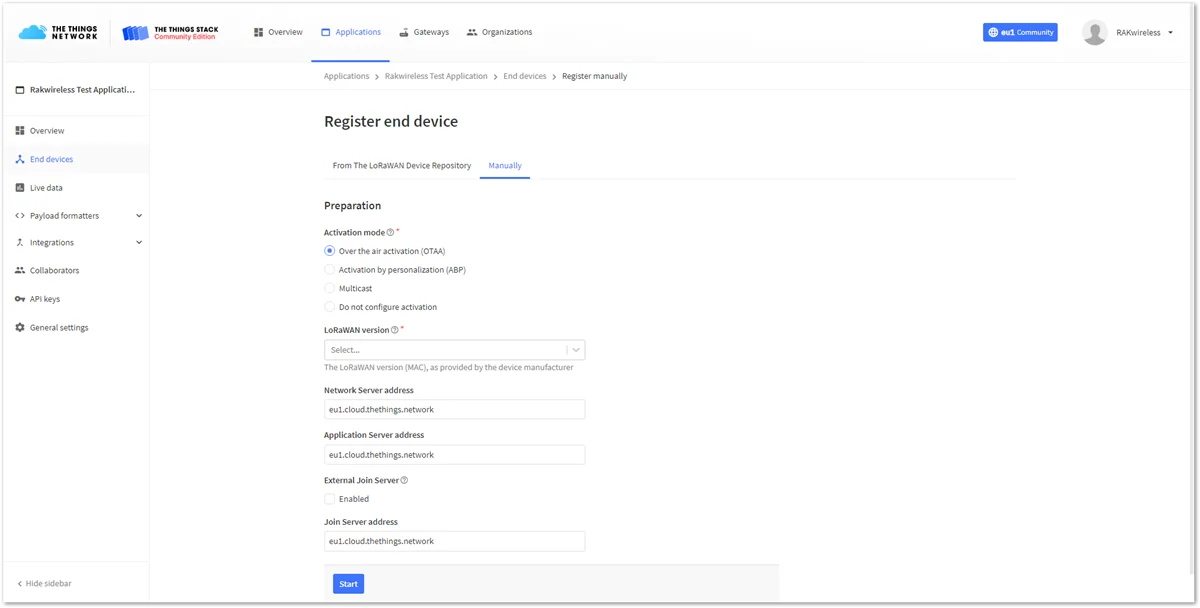 Registering the device in OTAA mode