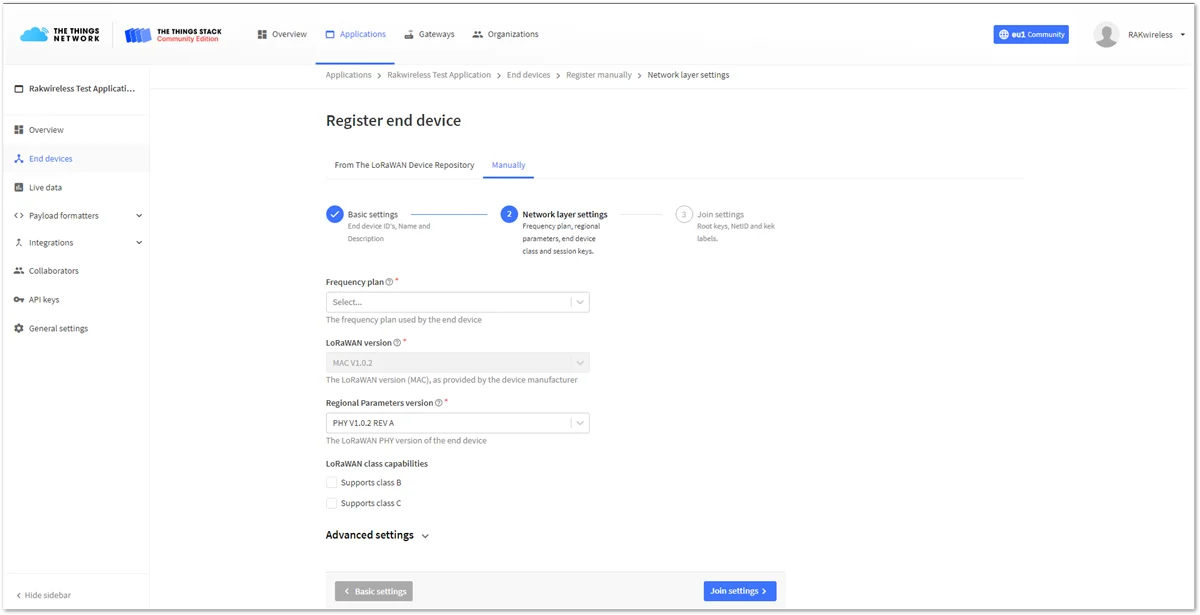 Network layer setting for OTAA mode