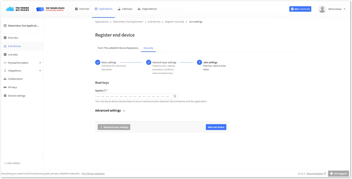 Join settings for OTAA mode