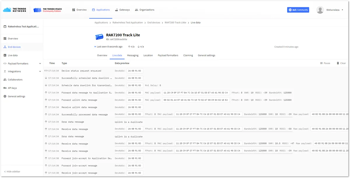 Sending data to The Things Stack from RAK7200 WisNode Track Lite