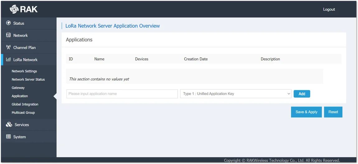 Application menu in the web UI of the gateway