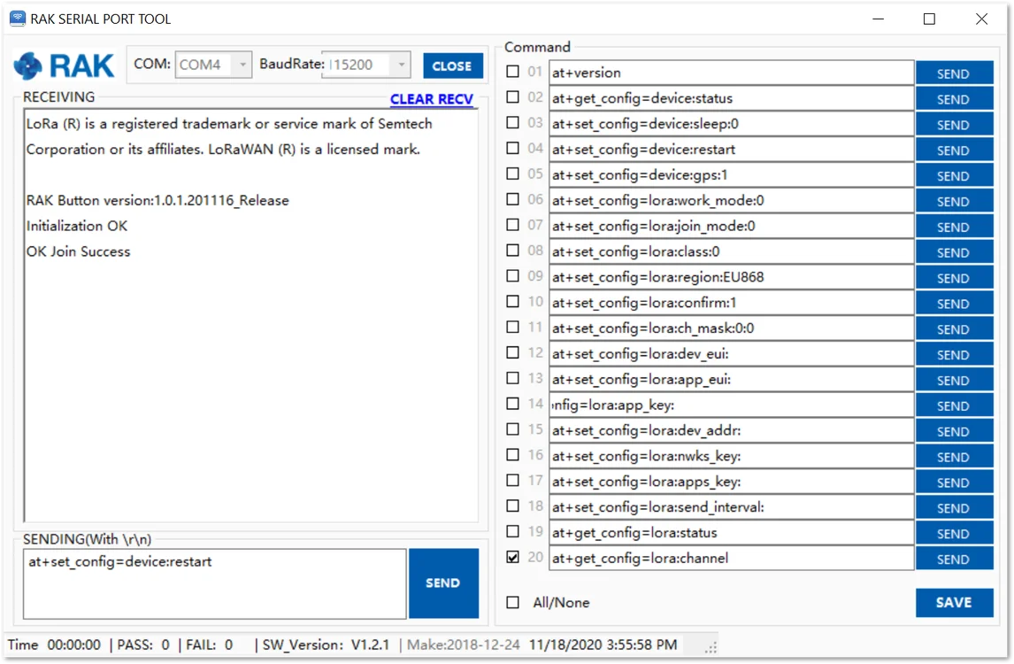 The device has restarted and connected to the LoRaWAN Network