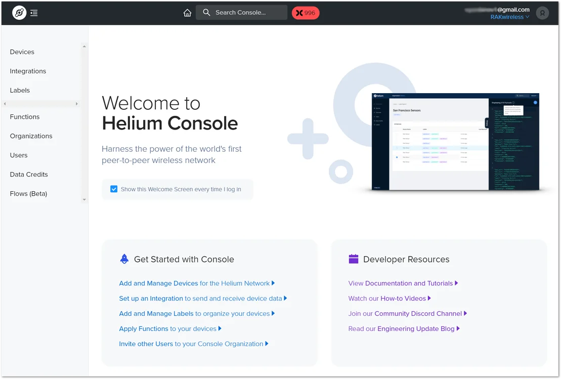 Helium console home screen