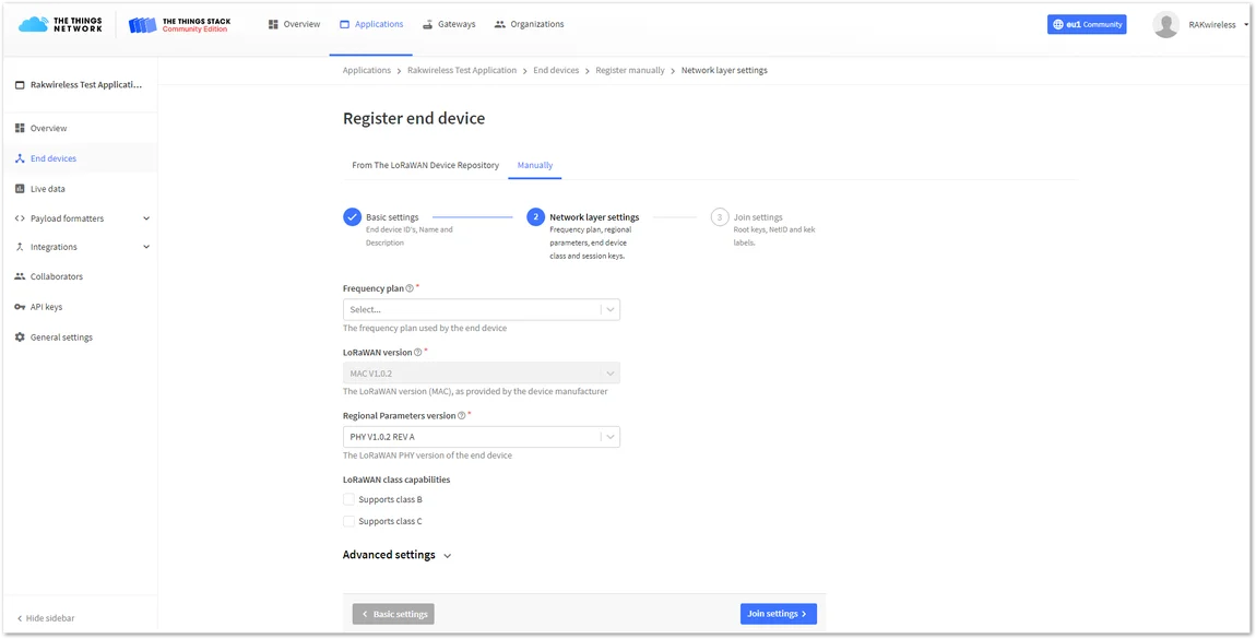 Network layer setting for OTAA mode