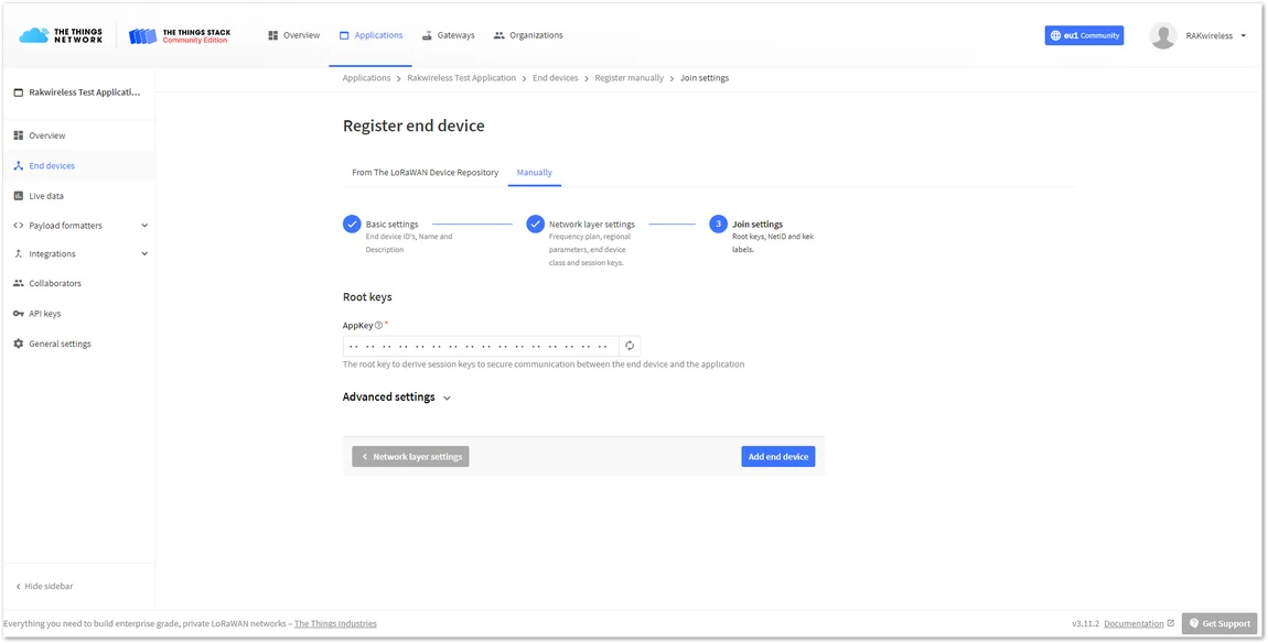 Join settings for OTAA mode