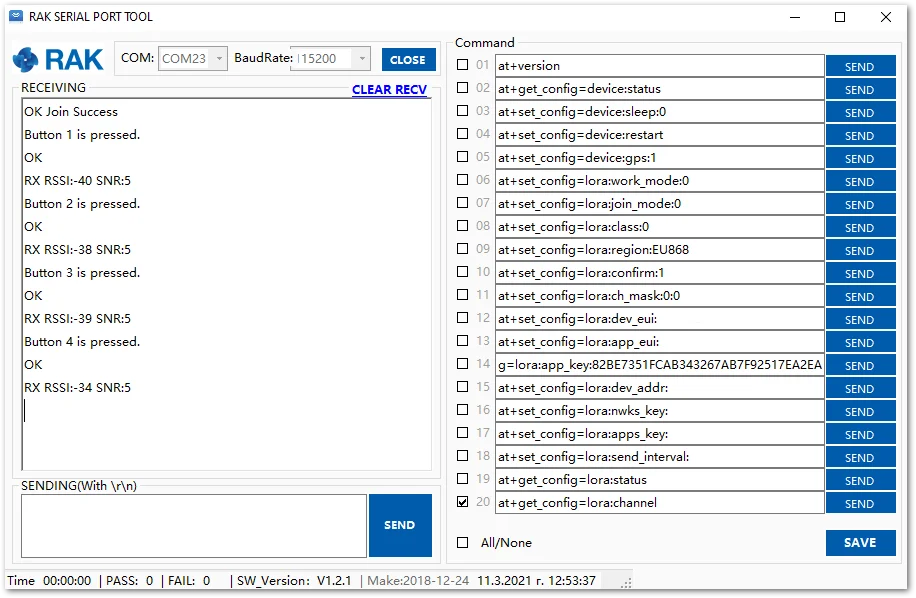 Transmitted data seen in the RAK Serial Port Tool