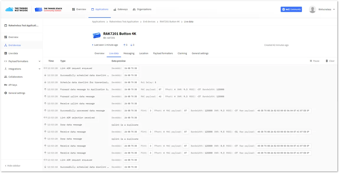 Sending data to The Things Stack from RAK7200 WisNode Track Lite
