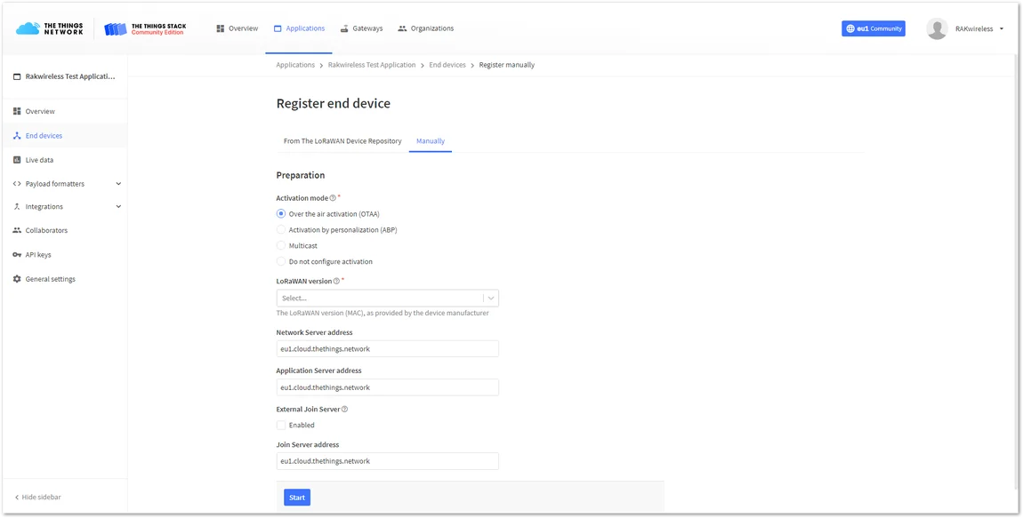 Registering the device in OTAA mode