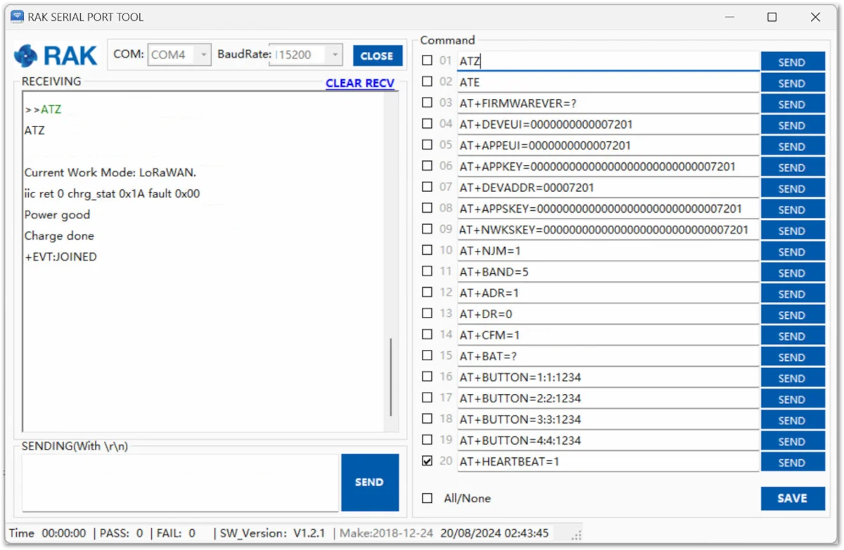 The device has restarted and connected to the LoRaWAN Network