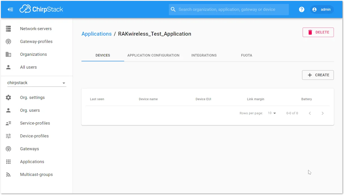 Applications page in ChirpStack