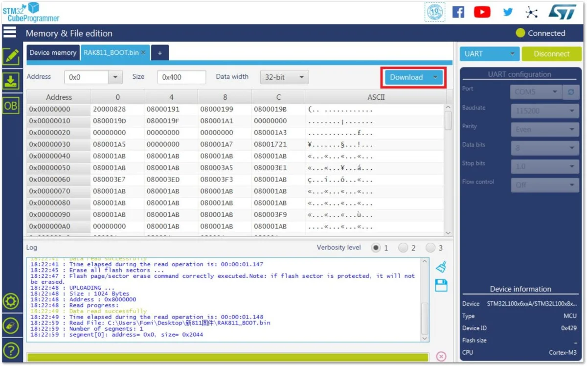 Downloading of Bootloader to the device