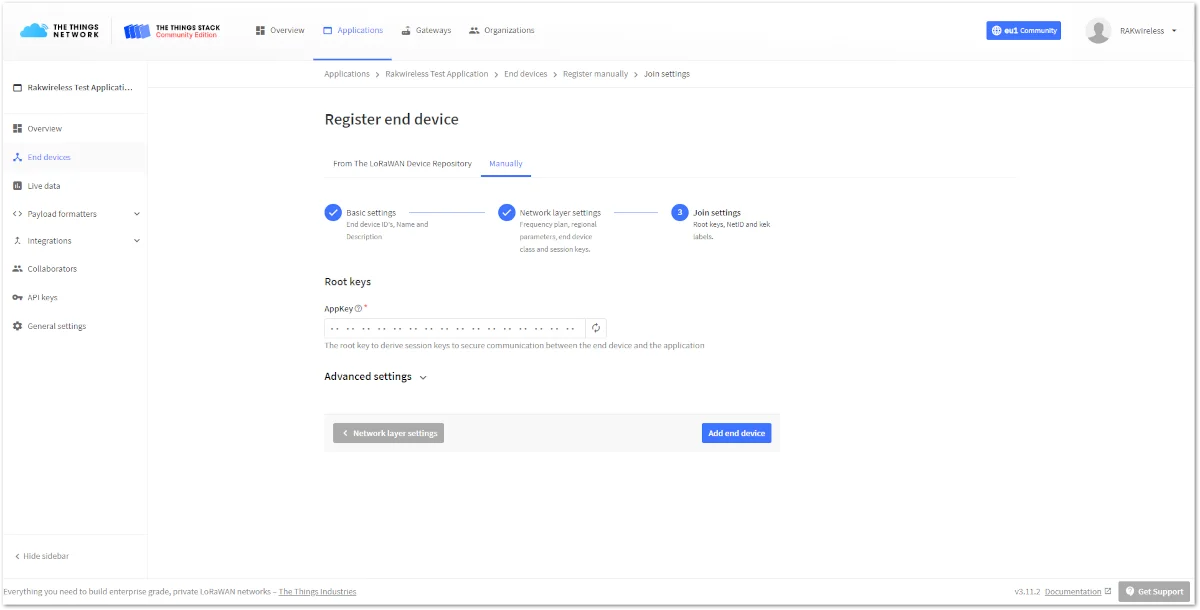 Join settings for OTAA mode