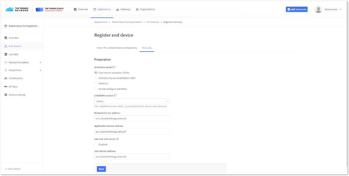 Registering the device in OTAA mode
