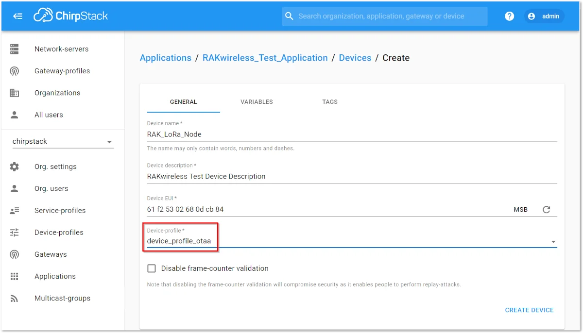 Selecting OTAA Activation Mode in ChirpStack