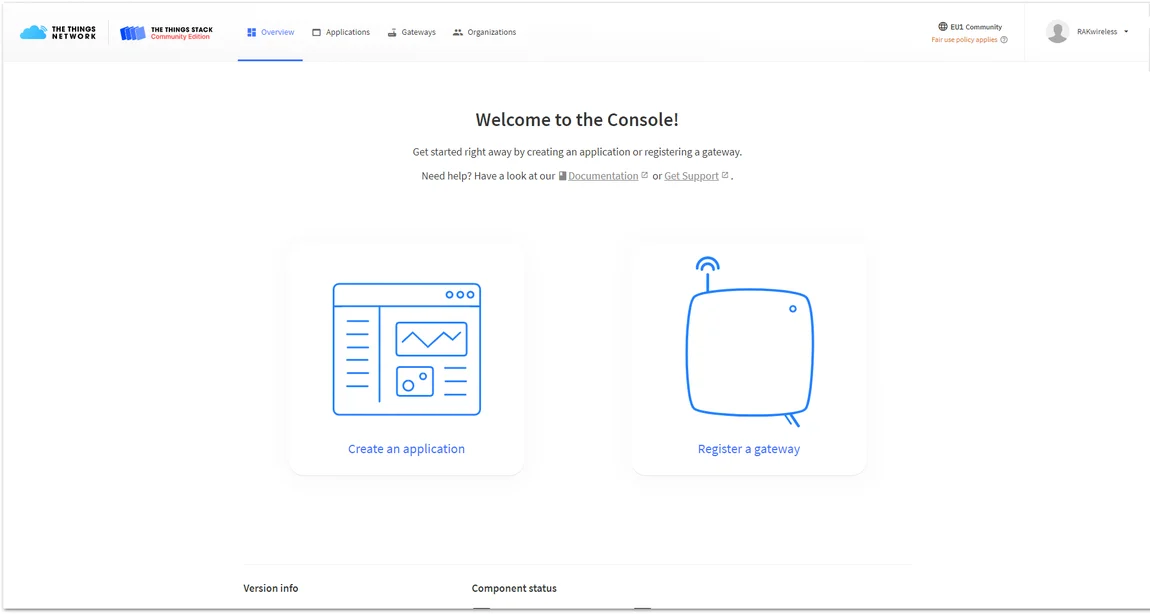 The console page after successful login