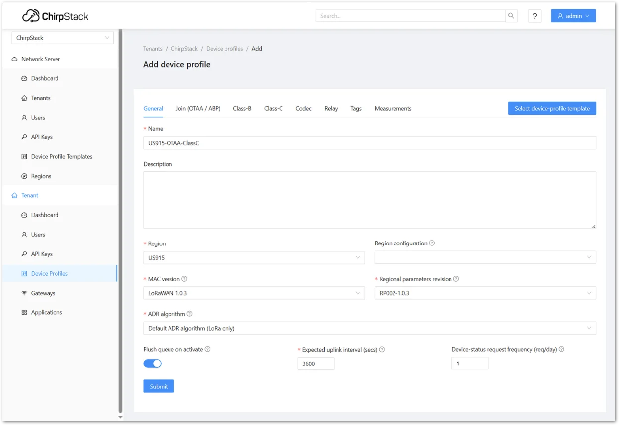 Configure the ChirpStack device profile