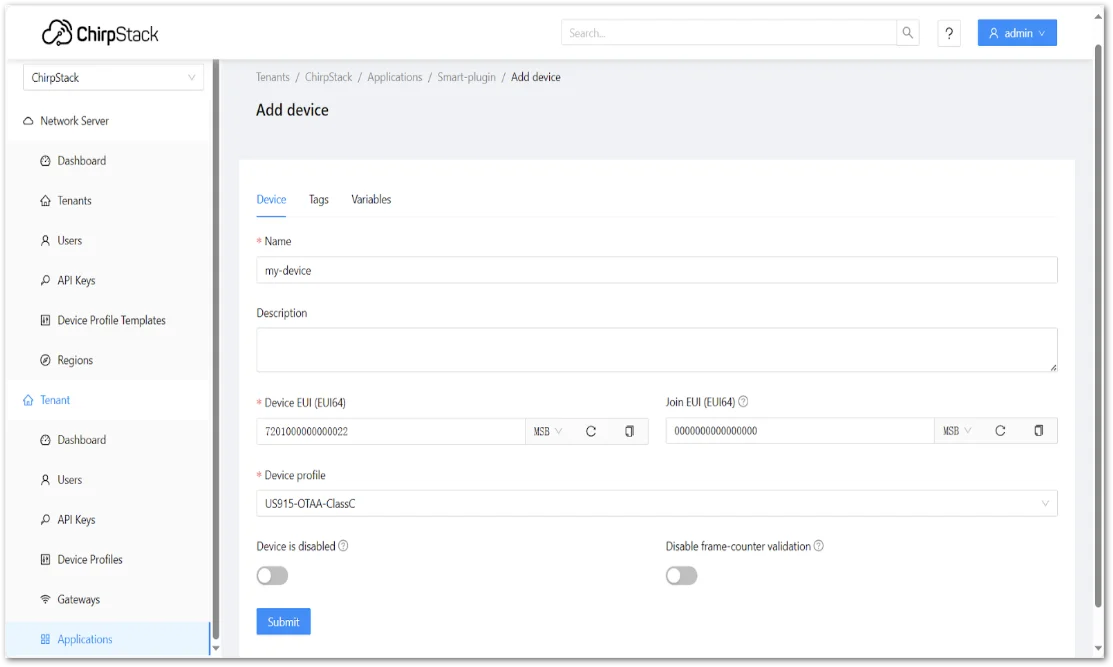 Register ChirpStack device details