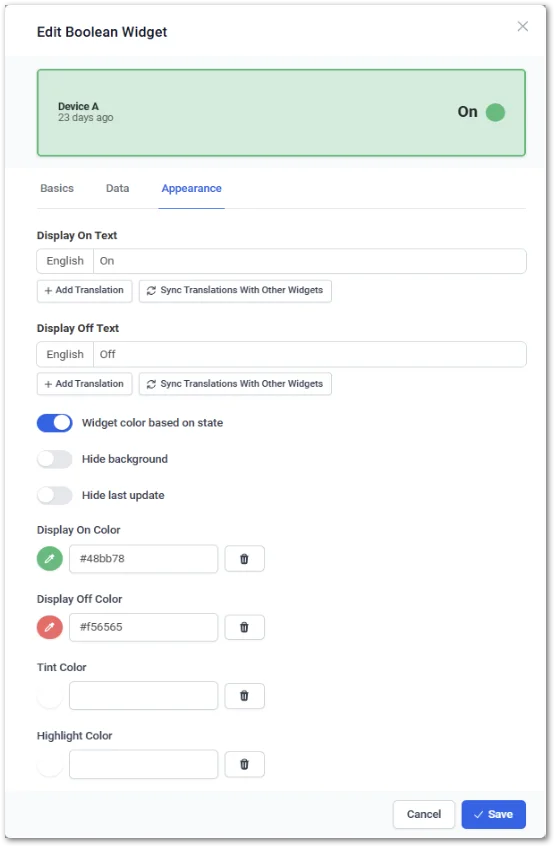 Dashboard appearance
