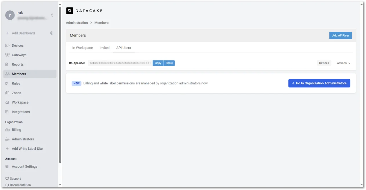 Copy the Datacake API token