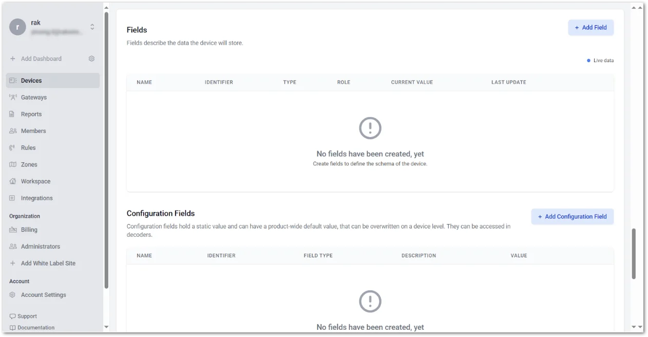 Fields section on Datacake