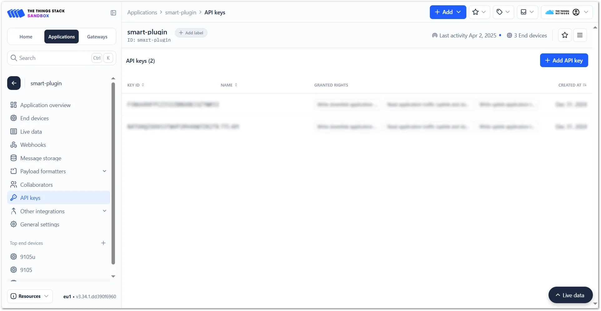 TTN Console API keys tab