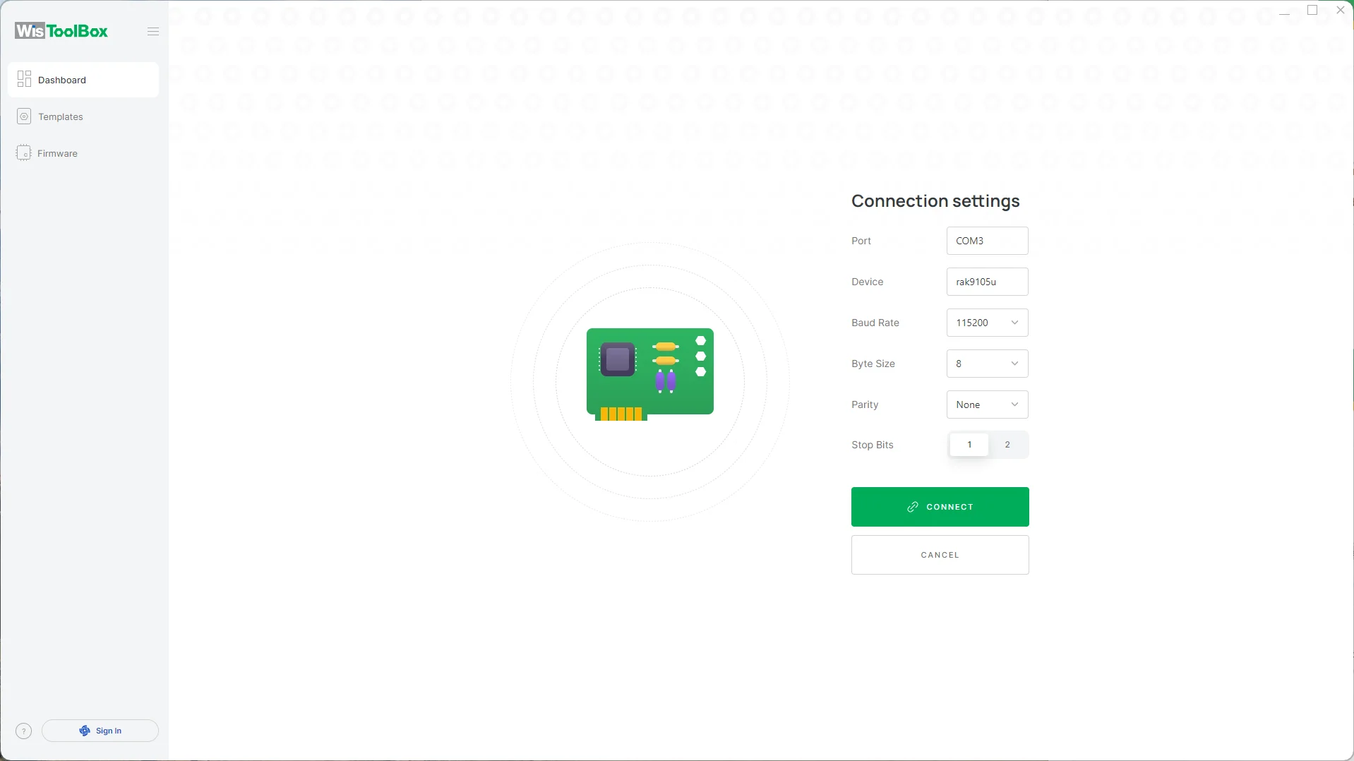 Connect the RAK9105U in WisToolBox