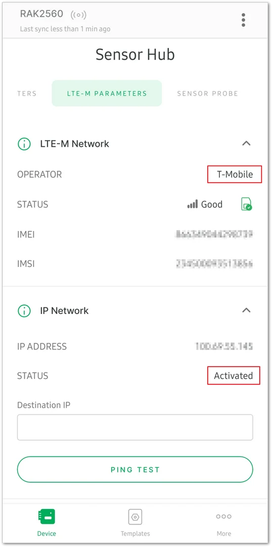 View the NB-IOT PARAMETERS tab parameters
