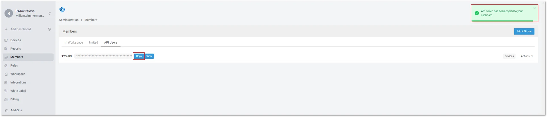 Copy the generated Datacake API Token