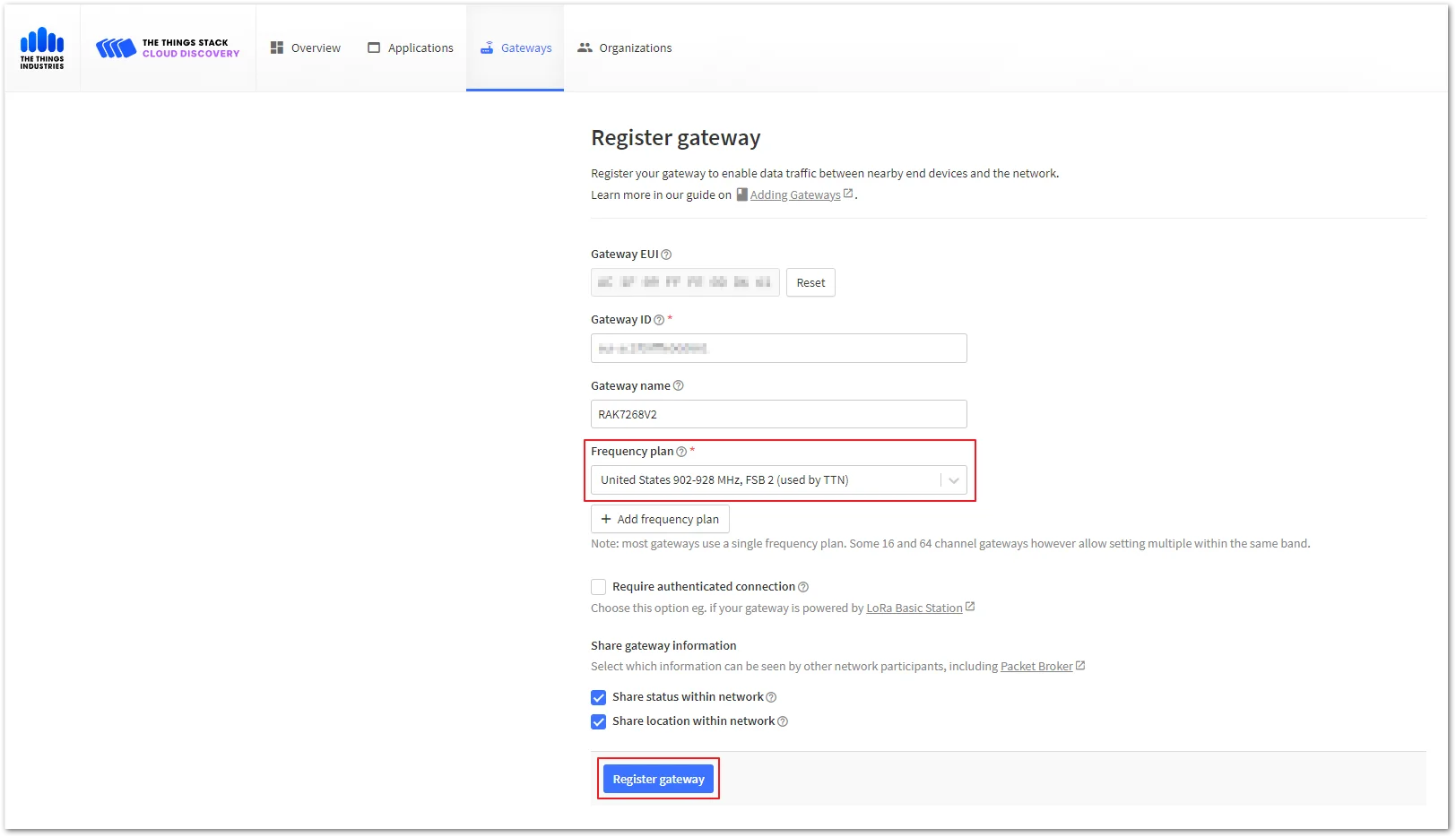 Configure the gateway frequency