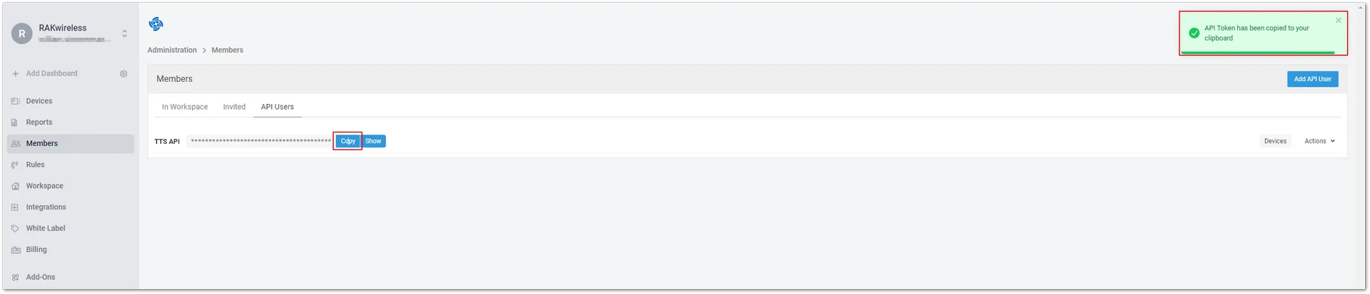 Copy the generated Datacake API Token